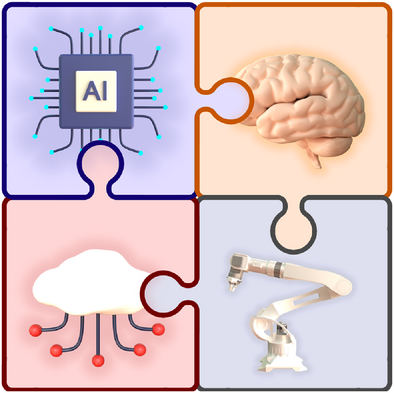 Puzzle pieces showing AI chip, human brain, cloud computing, and robotic arm.