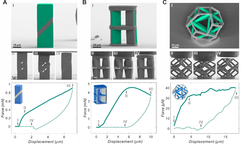 Composite image showing microscopic structures, deformation stages, and corresponding force-displacement graphs.