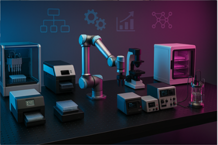 Lab equipment including a robotic arm, microscope, and various analytical instruments.